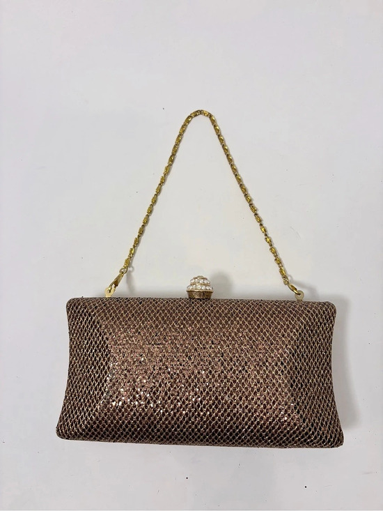 bebe Handbags - bebe Bronze Metallic Mesh Evening Clutch with Rhinestone Clasp